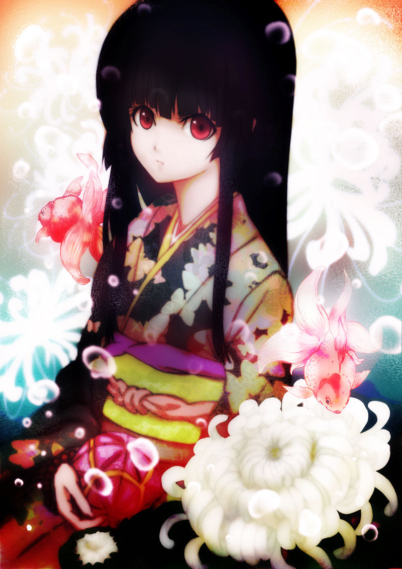 nanai, enma ai, jigoku shoujo, bad id, bad pixiv id, 00s, 1girl, black hair, blunt bangs, female focus, fish, flower, hime cut, japanese clothes, kimono, red eyes, sitting, solo