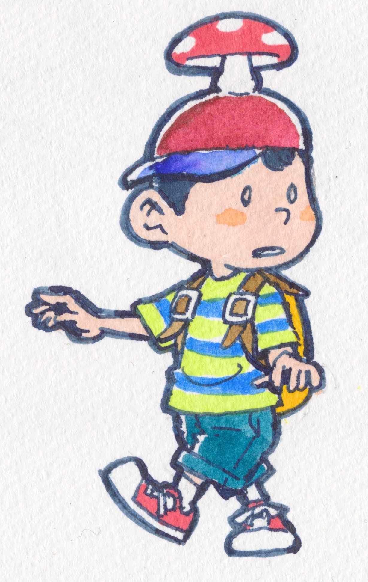 akahanadragon, ness (mother 2), mother (series), mother 2, nintendo, traditional media, 1boy, backpack, bag, baseball cap, blush stickers, full body, hat, looking to the side, male focus, mushroom, mushroom on head, outstretched arms, shirt, shorts, solo, striped clothes, striped shirt, t-shirt, walking