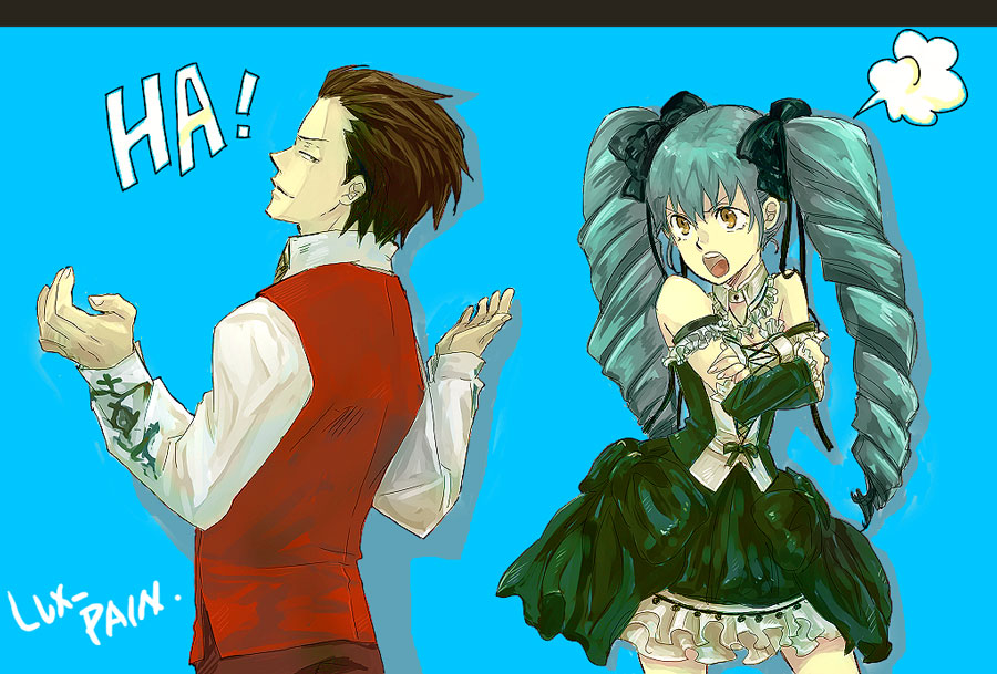 haji (dlr6a), liu yee, venefsukja natsuki, lux-pain, fume, bad id, bad pixiv id, 1boy, 1girl, angry, aqua hair, dress, drill hair, gothic lolita, jewelry, lolita fashion, necklace, smile, twintails, yellow eyes