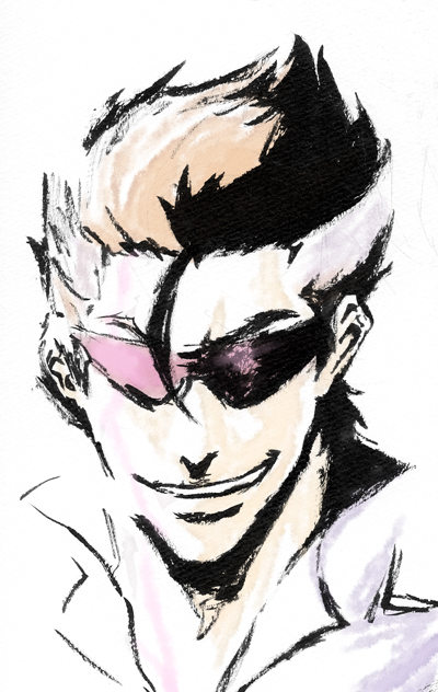 tkhs, straight cougar, scryed, bad id, bad pixiv id, mixed media, 00s, 1boy, faux traditional media, grin, male focus, portrait, sketch, smile, solo, sunglasses, upper body