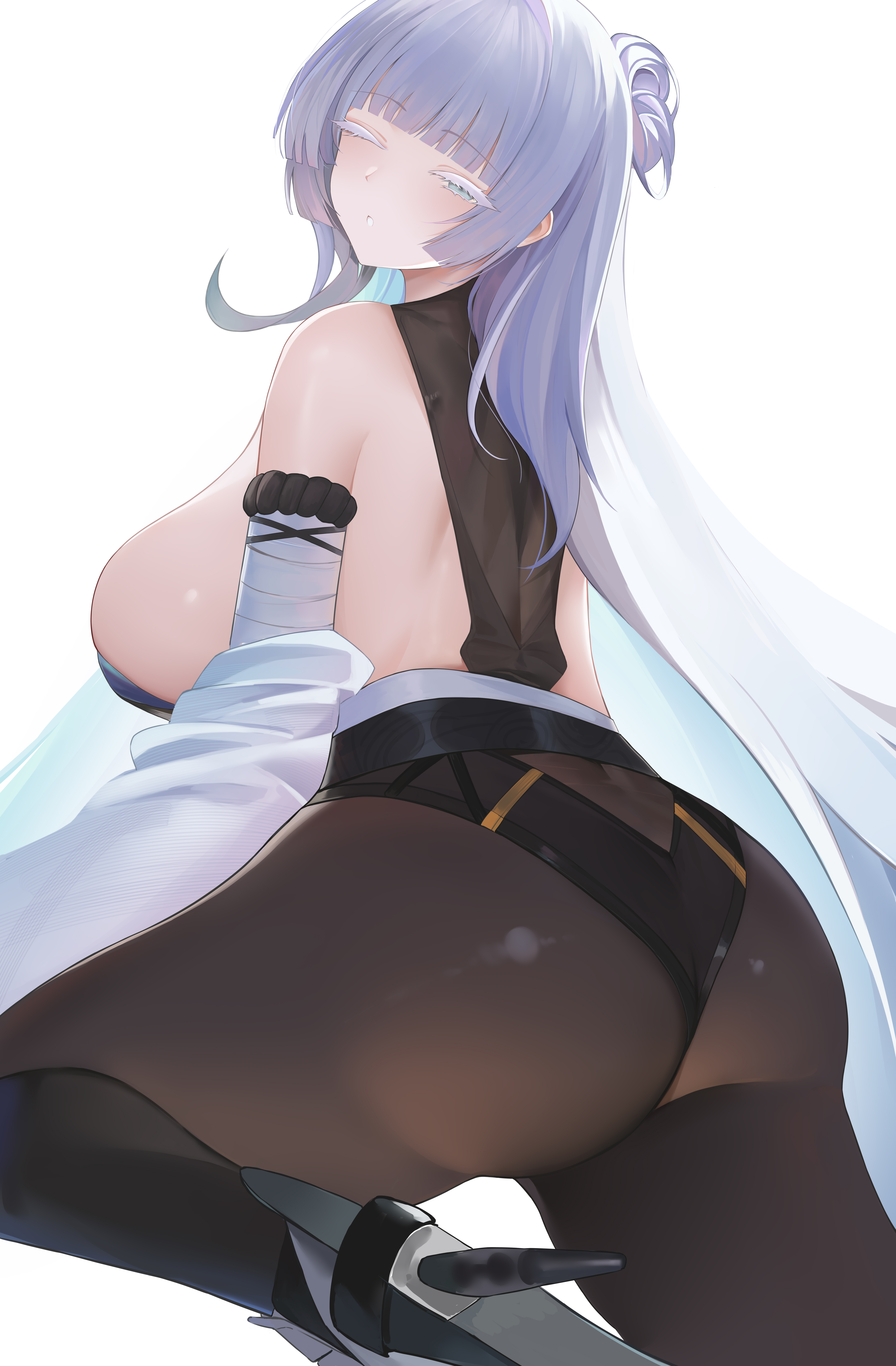 goddess of victory: nikke, 1girl, aqua eyes, ass, bare shoulders, blush, bodysuit, breasts, detached sleeves, from behind, high heels, huge ass, k1hzz, large breasts, long hair, looking at viewer, one eye closed, open mouth, pantyhose, sideboob, solo, thick thighs, thighs, very long hair, white hair