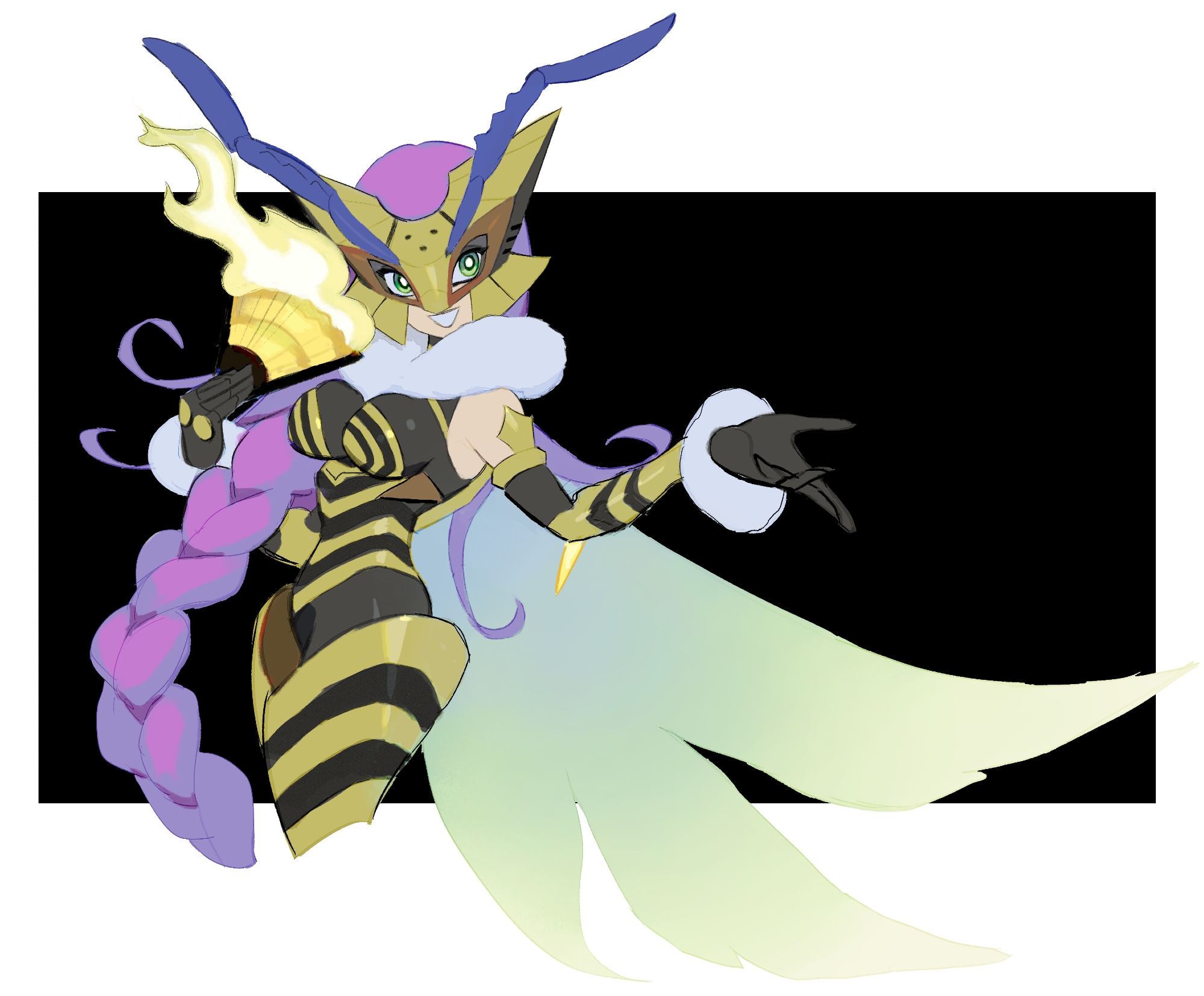 rae (hexedwithluck), queenbeemon, digimon, commentary, highres, 1girl, :d, armor, armored boots, arthropod girl, bare shoulders, bee girl, black bodysuit, black gloves, bodysuit, boots, braid, breasts, cropped legs, digimon (creature), elbow gloves, eye mask, gloves, green eyes, hand fan, holding, holding fan, insect girl, insect wings, large breasts, leotard, long braid, long hair, looking at viewer, mask, open mouth, purple hair, smile, solo, standing, striped clothes, striped leotard, very long hair, wings, yellow armor, yellow mask