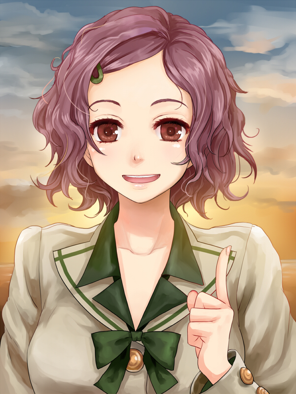 eland, youtwokouji, ando mako, andou mako, lux-pain, 1girl, brown eyes, female focus, index finger raised, looking at viewer, purple hair, short hair, smile, solo
