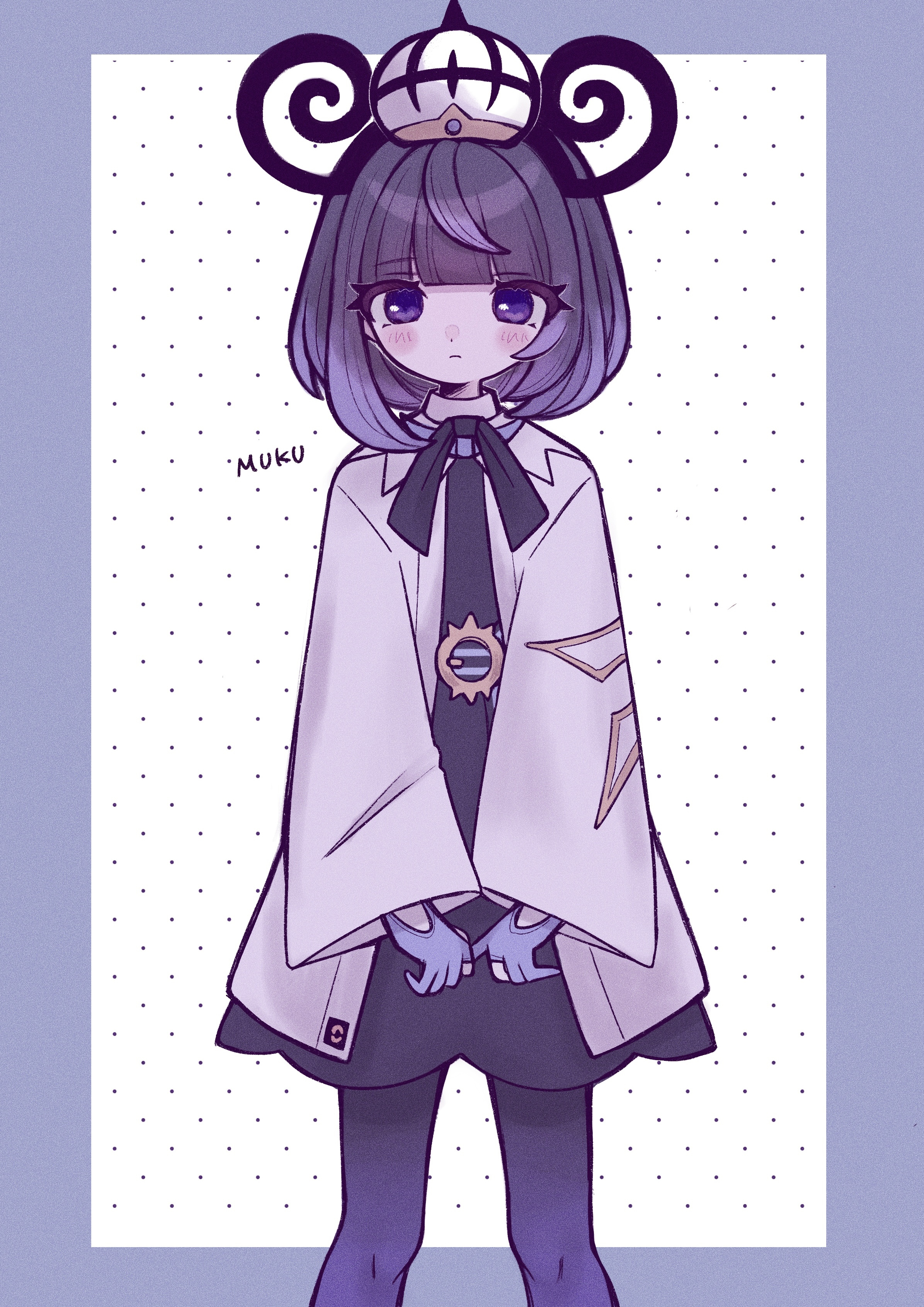 ebi mirin, gwynn (pokemon), nintendo, pokemon, pokemon legends: z-a, absurdres, commentary request, highres, 1girl, black hair, blue eyes, blunt bangs, blush, closed mouth, coat, dress, eyelashes, gloves, hat, knees, looking at viewer, medium hair, open clothes, open coat, pantyhose, partially fingerless gloves, solo, white background