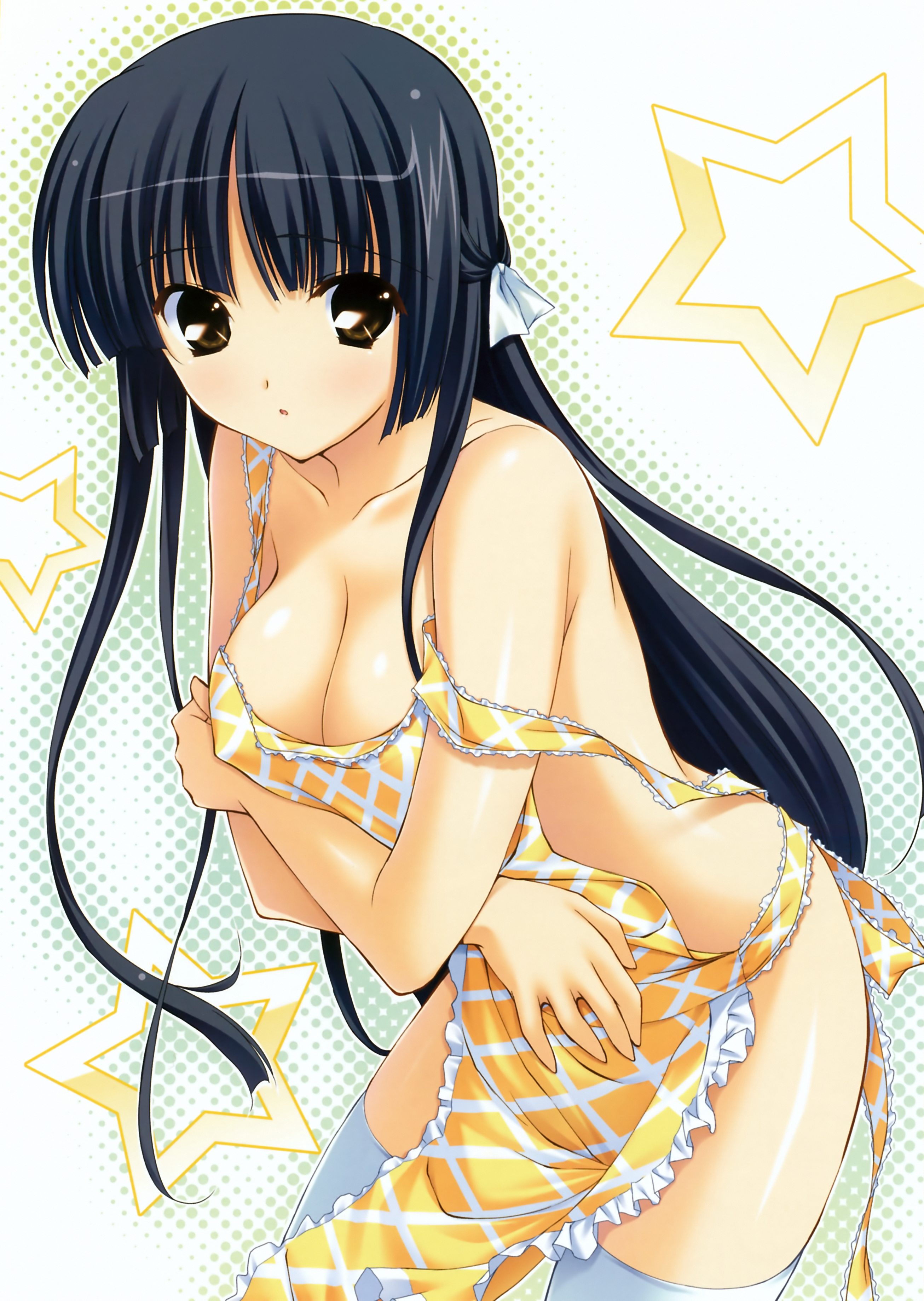 fumio (ura fmo), himenomiya kaguya, stellar theater, absurdres, highres, 1girl, apron, black hair, blunt bangs, breasts, brown eyes, cleavage, female focus, hime cut, large breasts, long hair, naked apron, polka dot, simple background, solo, star (symbol), strap slip, thighhighs