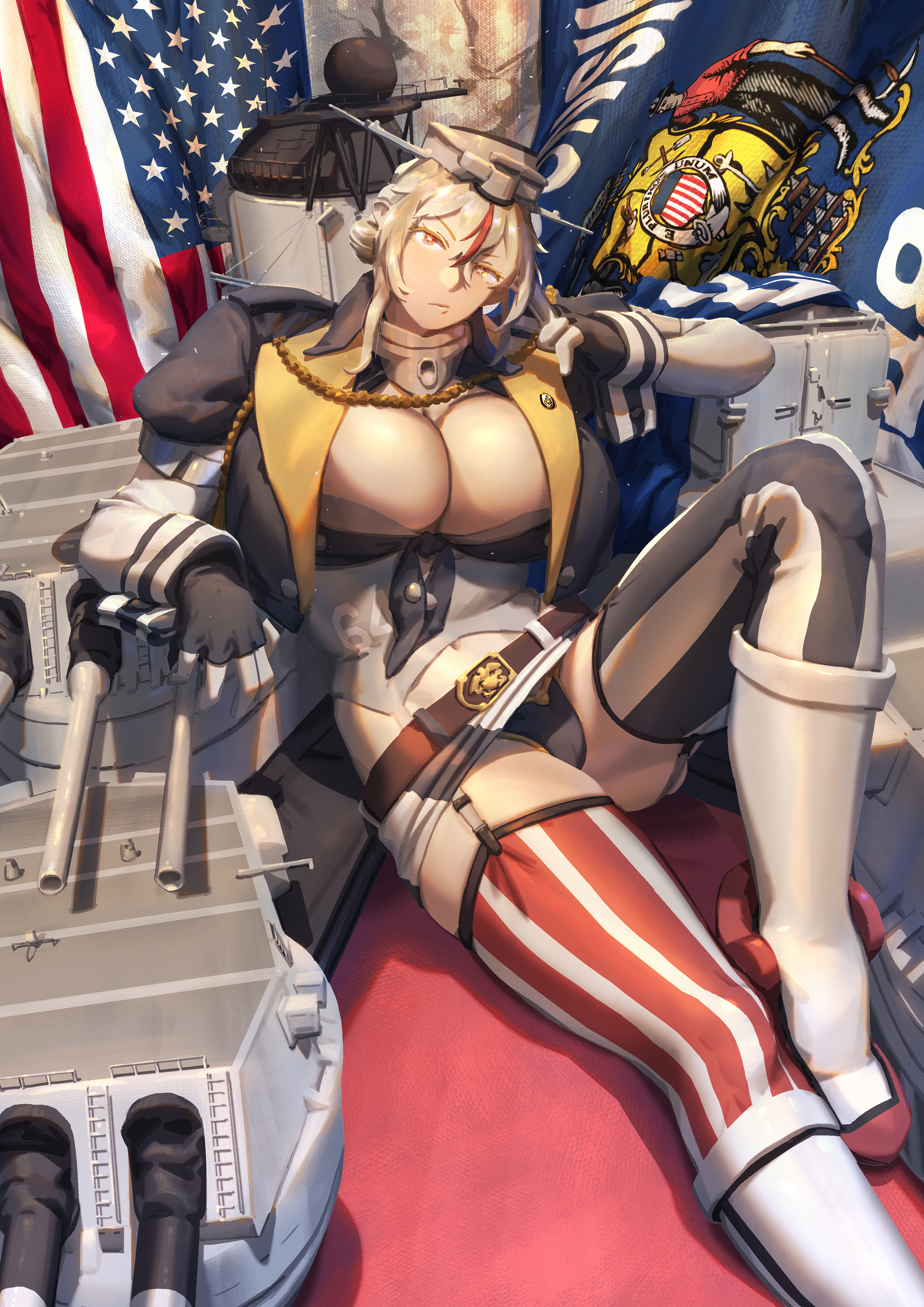ye fan, uss wisconsin (bb-64), uss wisconsin (bb-64) (personification), kantai collection, original, absurdres, highres, 1girl, american flag, arm support, belt, black gloves, black panties, blonde hair, boots, breasts, cleavage, finger to head, fingerless gloves, garter straps, gloves, hair between eyes, head tilt, knee boots, knee up, ladder, large breasts, looking at viewer, navel peek, panties, red hair, rigging, solo, star-shaped pupils, star (symbol), symbol-shaped pupils, thighhighs, thighs, tomahawk missile, underwear, wisconsin state flag, yellow eyes