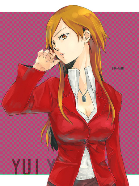 haji (dlr6a), yamase yui, lux-pain, bad id, bad pixiv id, 1girl, breasts, brown eyes, brown hair, cleavage, female focus, formal clothes, jewelry, large breasts, long hair, matching hair/eyes, necklace, orange eyes, orange hair, solo, suit
