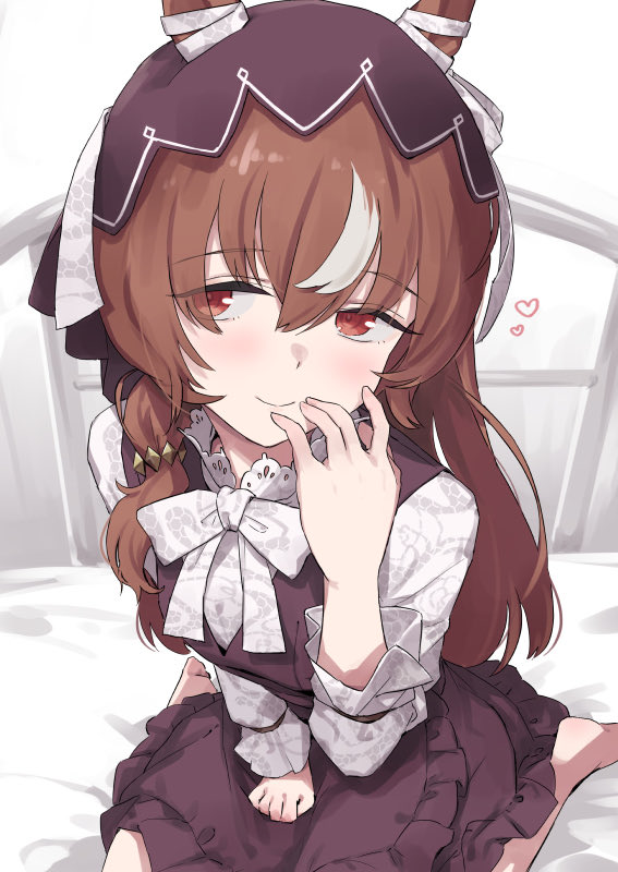 kusugi tai, still in love (umamusume), umamusume, commentary request, commission, skeb commission, 1girl, animal ears, blush, breasts, brown hair, casual, closed mouth, hair between eyes, hair ornament, heart, horse ears, horse girl, horse tail, long hair, looking at viewer, red eyes, ribbon, seiza, simple background, sitting, small breasts, smile, solo, tail, veil