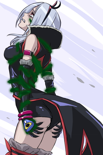 haruyama kazunori, eas (fresh precure!), higashi setsuna, fresh precure!, precure, 00s, 1girl, ass, black shorts, breasts, choker, elbow gloves, female focus, gloves, grabbing own ass, hairband, jewelry, panties, pantyshot, red eyes, short hair, shorts, solo, thighhighs, underwear, white hair, white panties