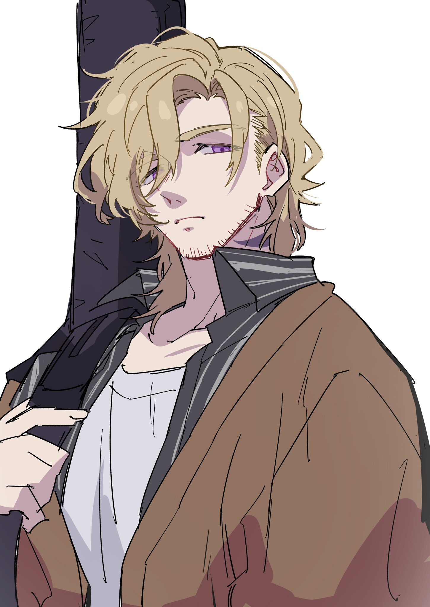 nekoma hikaru, band yarouze!, commentary request, highres, 1boy, black shirt, brown hair, brown jacket, closed mouth, collared shirt, frown, guitar case, instrument case, jacket, looking at viewer, male focus, purple eyes, rafael (band yarouze), shirt, short hair, sideburns, simple background, solo, sparse stubble, upper body, white background, white shirt