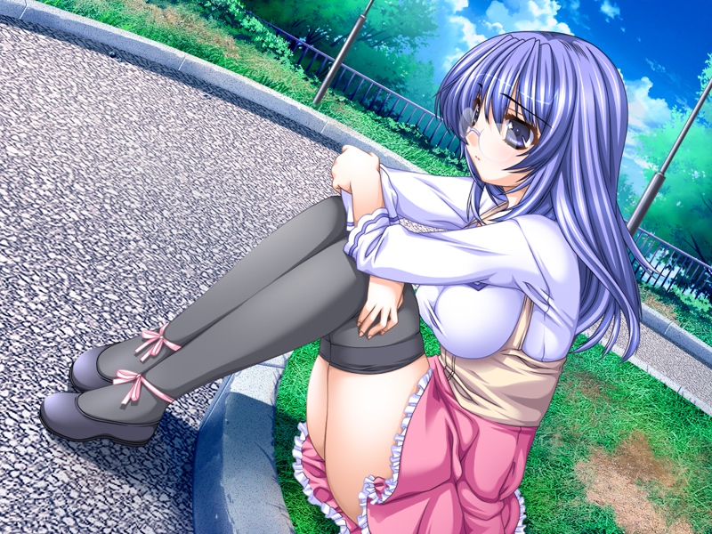 sumeragi kohaku, satou maya, doki doki oyako lesson, game cg, 00s, 1girl, ankle ribbon, black thighhighs, blue eyes, blue hair, breasts, day, dress, dutch angle, female focus, glasses, large breasts, leg ribbon, long hair, looking to the side, matching hair/eyes, outdoors, park, ribbon, shoes, sitting, skirt, solo, taut clothes, thighhighs