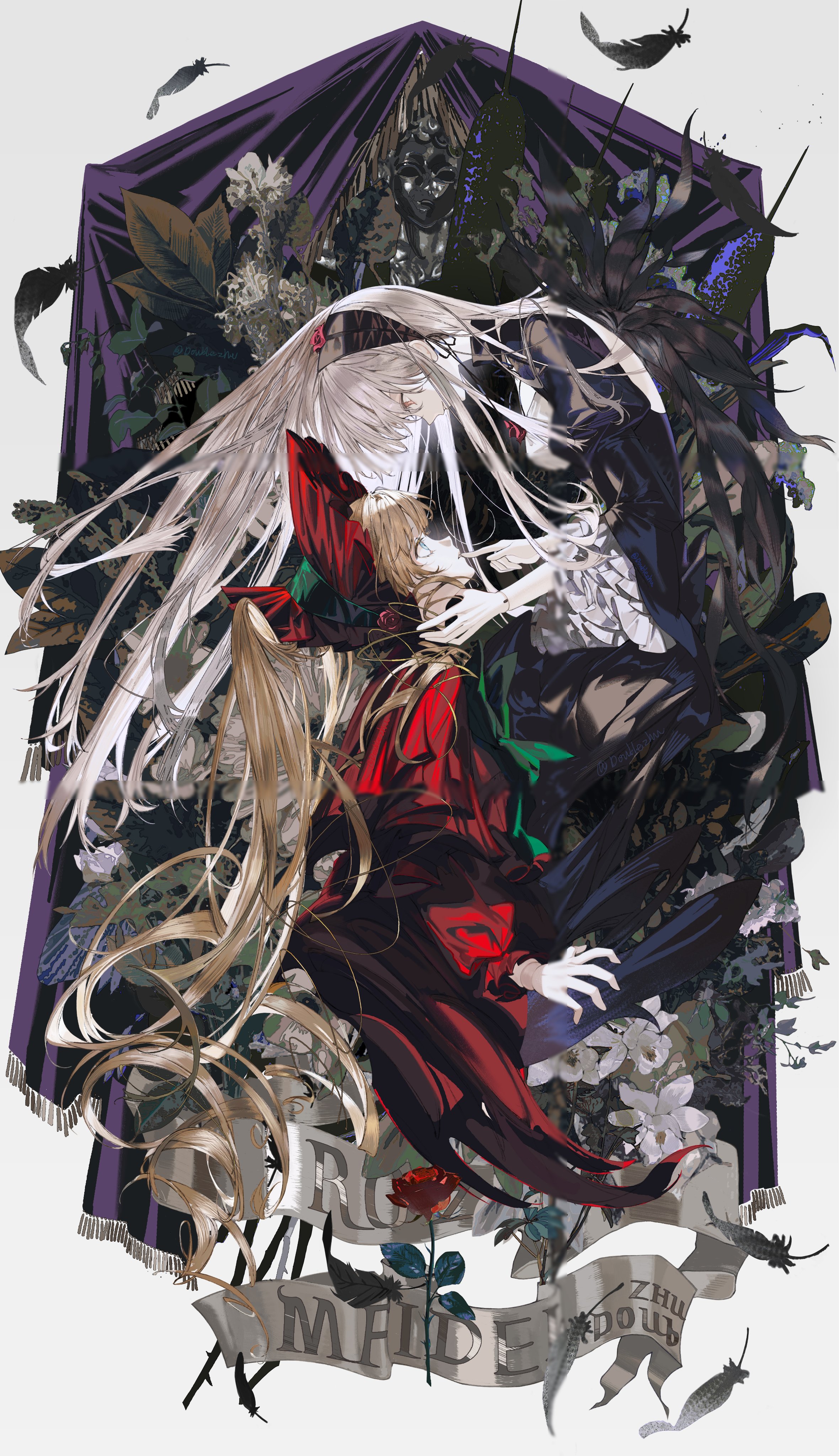 youamo, shinku, suigintou, rozen maiden, absurdres, hashtag-only commentary, highres, 2girls, black dress, black feathers, black wings, blonde hair, blue eyes, bonnet, doll joints, dress, feathers, flower, frills, from side, hairband, hand on another's face, headdress, joints, lily (flower), lolita fashion, lolita hairband, long hair, long sleeves, looking at another, mask, multiple girls, plant, red bonnet, red dress, red eyes, red flower, red rose, rose, very long hair, white flower, wings