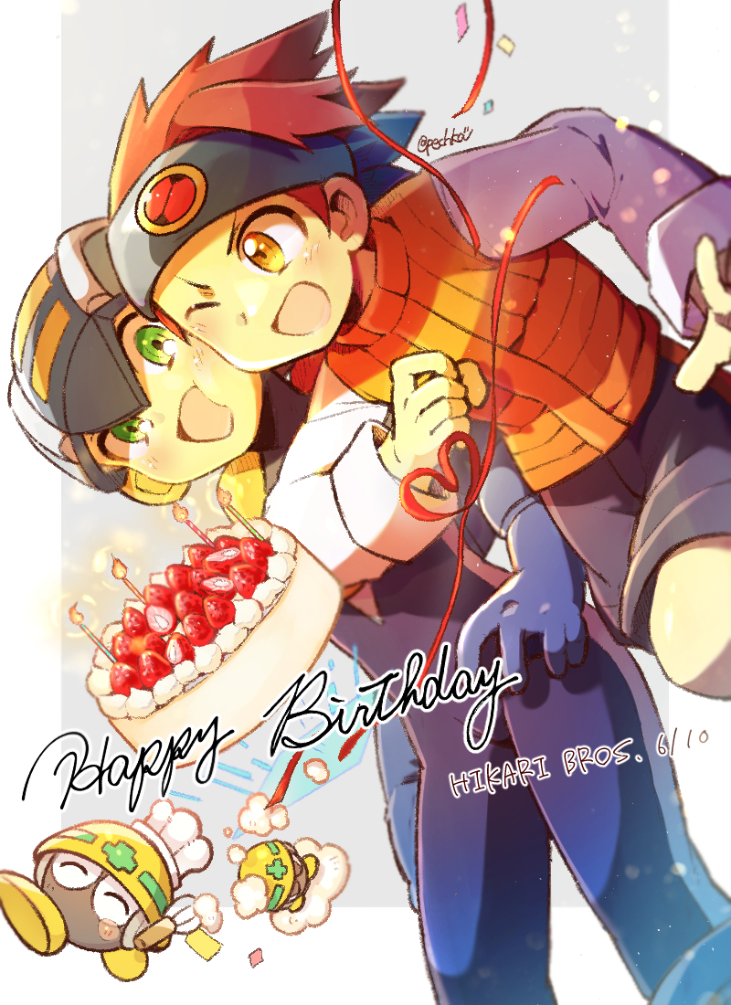 pechka, lan hikari (mega man), megaman.exe, met (mega man), mega man (series), mega man battle network (series), commentary request, 2boys, blue bodysuit, blue gloves, blue headband, bodysuit, cake, cheek-to-cheek, confetti, food, gloves, green eyes, happy birthday, headband, heads together, long hair, male focus, multiple boys, one eye closed, orange vest, pillarboxed, shirt, vest, white shirt