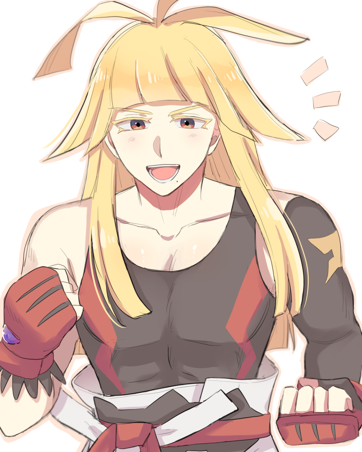 ivor (pokemon), nintendo, pokemon, pokemon legends: z-a, commentary request, highres, 1boy, :d, ami826, belt, black shirt, blonde hair, brown eyes, clenched hands, collarbone, colored eyelashes, fingerless gloves, gloves, long hair, male focus, open mouth, red belt, red gloves, shirt, shout lines, sleeveless, sleeveless shirt, smile, solo, teeth, tongue, upper body, white background