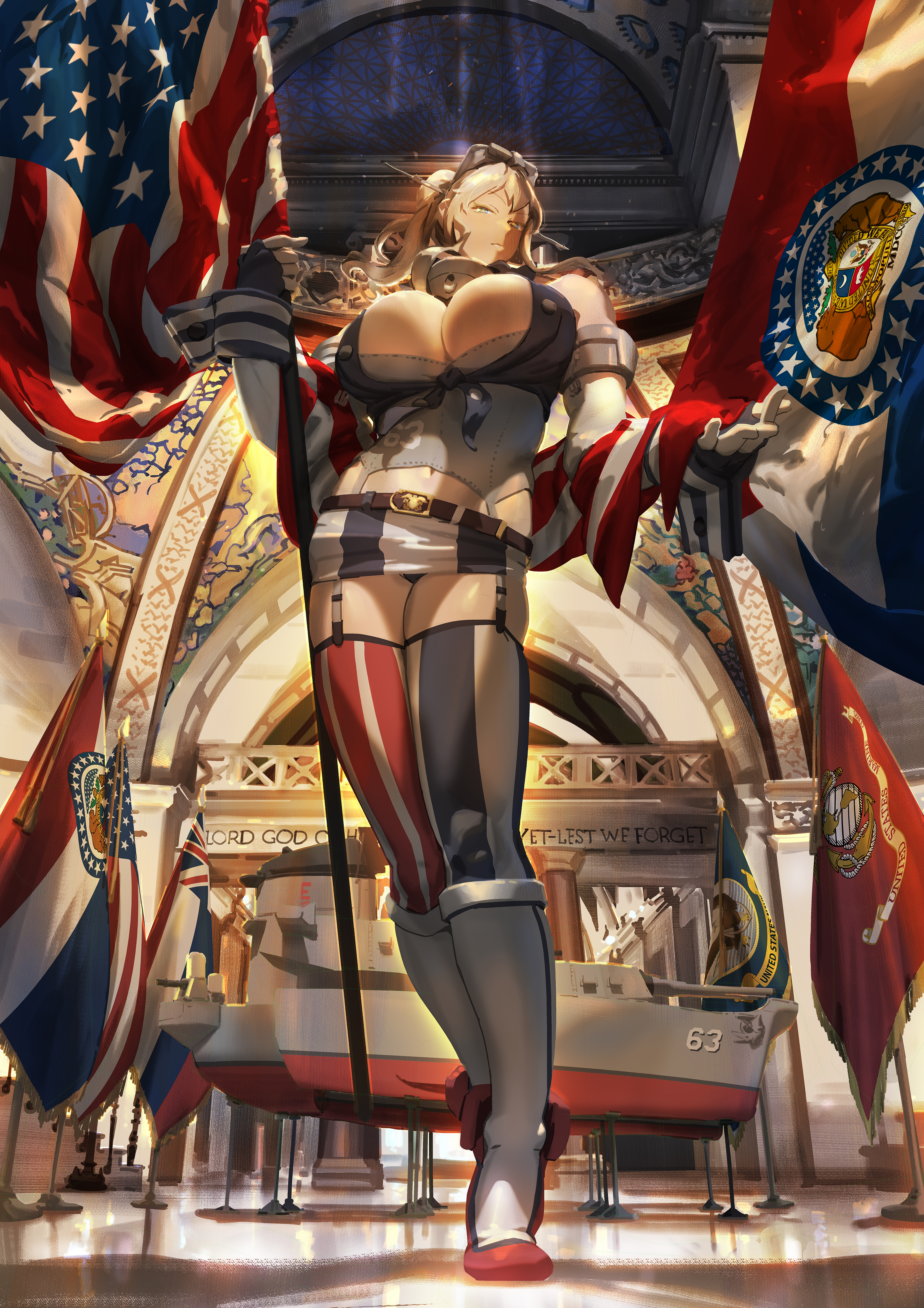 ye fan, uss missouri (bb-63) (personification), kantai collection, absurdres, commentary, highres, 1girl, american flag, american flag legwear, american flag print, asymmetrical legwear, battle effectiveness award, blonde hair, blue eyes, breasts, elbow gloves, english text, flag, flag print, front-tie top, garter straps, gloves, hawaiian flag, headgear, holding, holding flag, indoors, large breasts, looking at viewer, mismatched legwear, missouri state flag, phalanx ciws, ponytail, rigging, skirt, solo, star-shaped pupils, star (symbol), striped clothes, striped skirt, striped thighhighs, symbol-shaped pupils, thighhighs, vertical-striped clothes, vertical-striped thighhighs