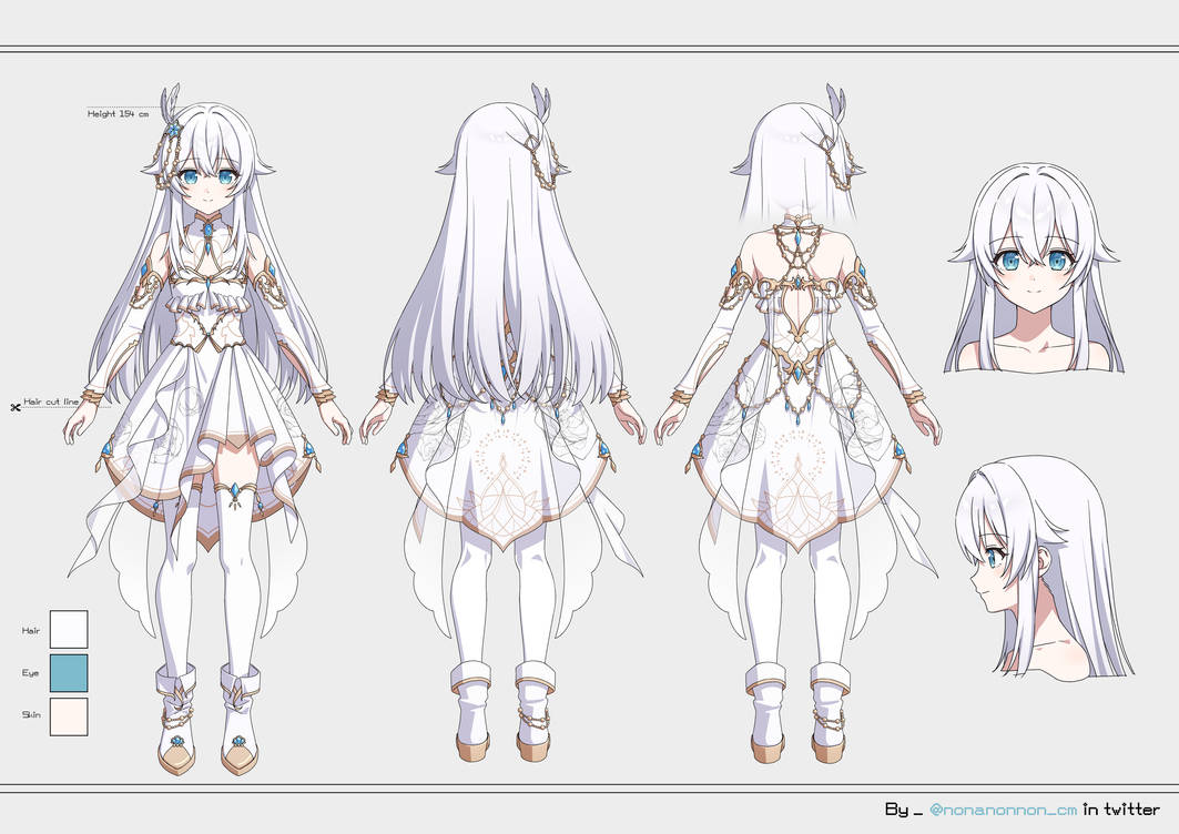 nonanonnon6u6, original, commission, second-party source, 1girl, bare shoulders, blue eyes, detached sleeves, dress, full body, hair ornament, long hair, long sleeves, reference sheet, sleeveless, sleeveless dress, solo, standing, thighhighs, white dress, white hair, white haired girl (gespens03366872), white sleeves, white thighhighs