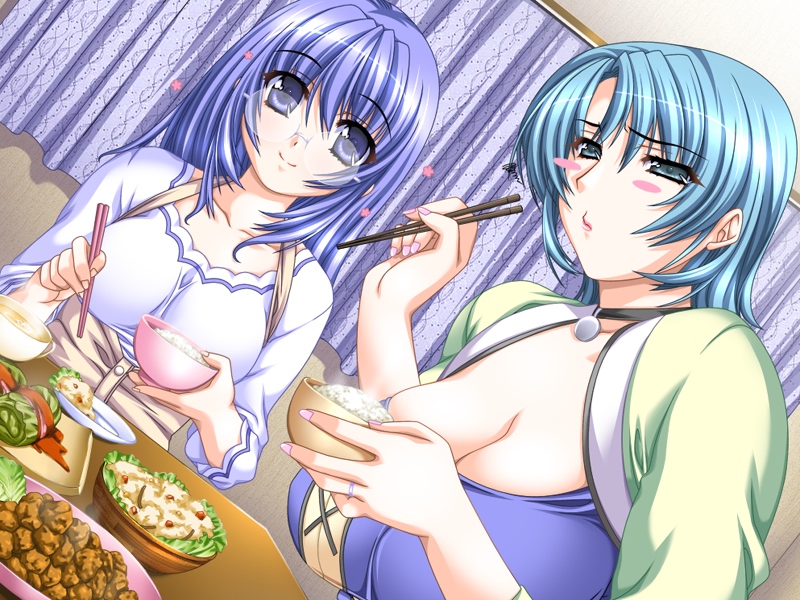 sumeragi kohaku, satou maya, satou nami, doki doki oyako lesson, game cg, 00s, 2girls, blue eyes, blue hair, blush, blush stickers, bowl, breasts, choker, chopsticks, cleavage, curtains, dutch angle, eating, food, glasses, huge breasts, jewelry, large breasts, long hair, mature female, mother and daughter, multiple girls, pout, rice, rice bowl, ring, short hair, smile
