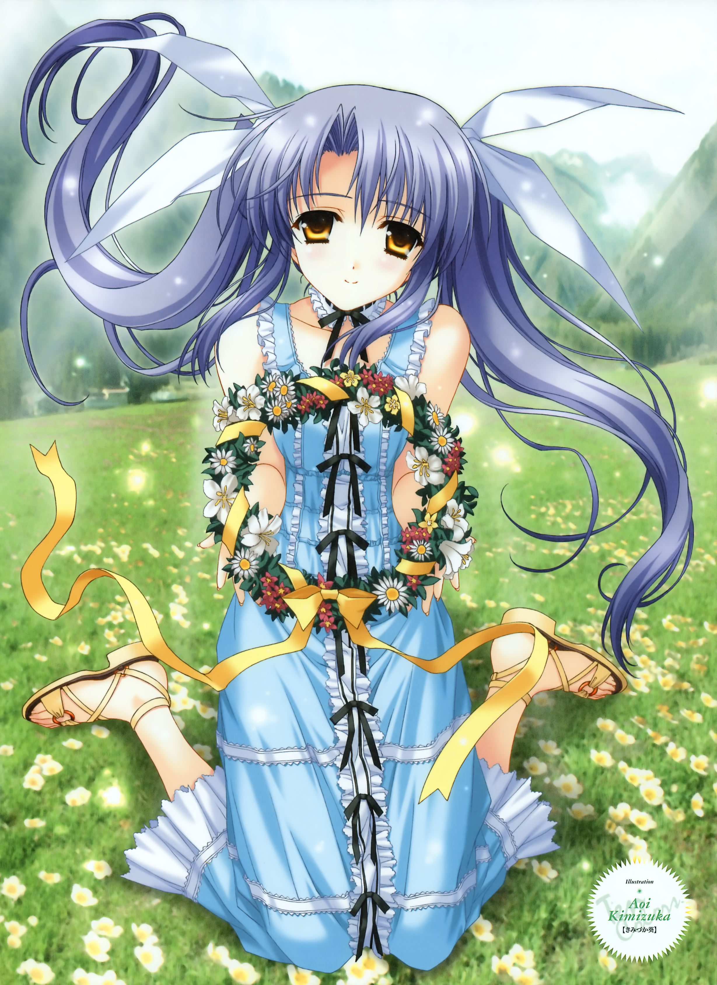 kimizuka aoi, original, absurdres, highres, scan, 1girl, blue hair, day, female focus, field, flower, full body, grass, head tilt, head wreath, knees together feet apart, long hair, outdoors, sandals, sitting, solo, twintails, very long hair, wariza, yellow eyes