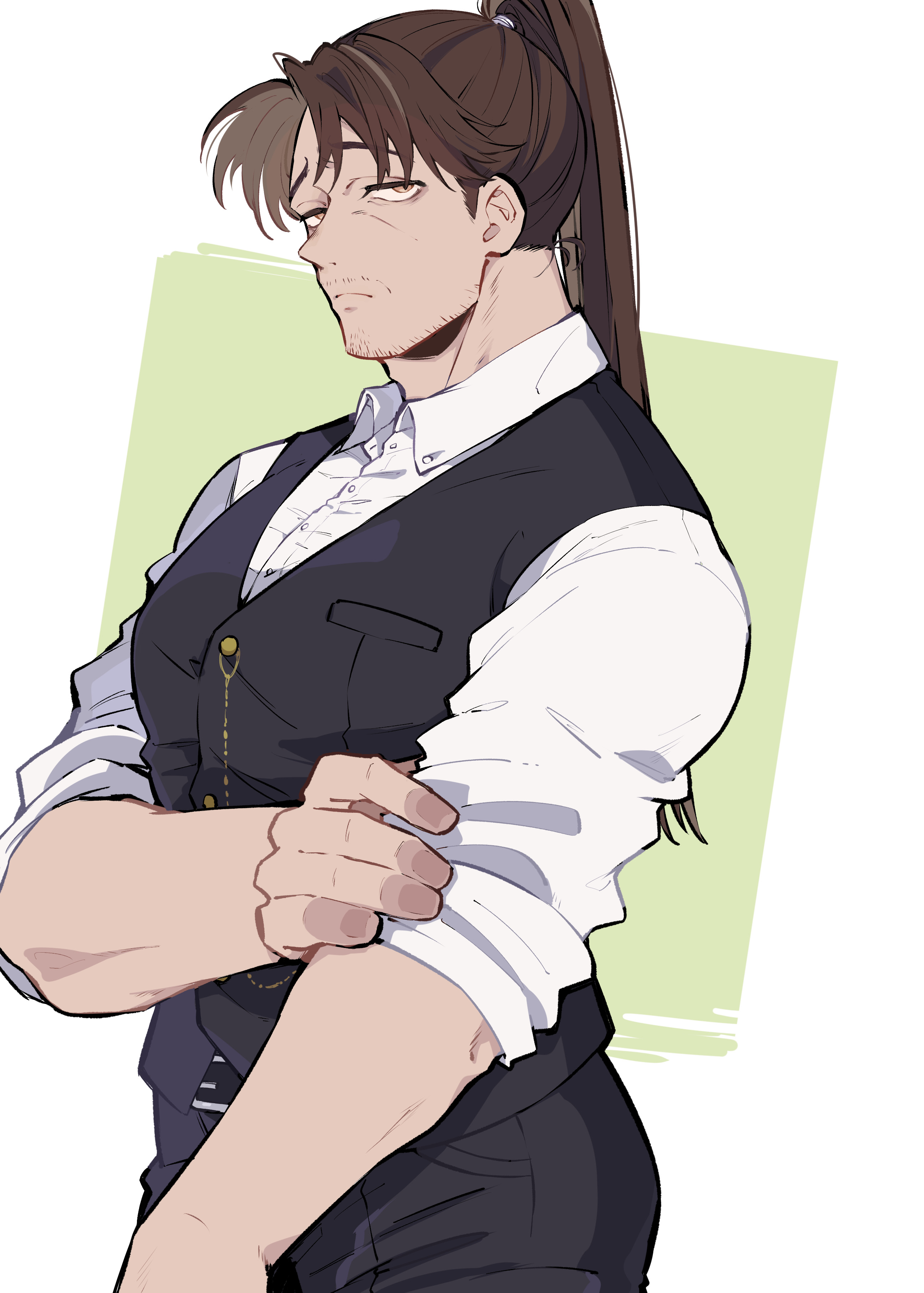 nekoma hikaru, kengan (series), kengan ashura, absurdres, commentary request, highres, 1boy, adam's apple, black pants, black vest, brown eyes, brown hair, buttons, closed mouth, collared shirt, frown, hatsumi sen, long hair, looking at viewer, male focus, mature male, pants, ponytail, shirt, solo, sparse stubble, upper body, vest, white shirt