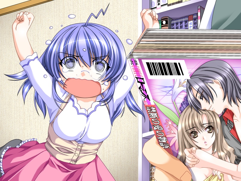 sumeragi kohaku, satou maya, doki doki oyako lesson, game cg, 00s, 1girl, ahoge, arms up, blue eyes, blue hair, bookshelf, dress, embarrassed, flying teardrops, glasses, long hair, open mouth, solo focus, wavy mouth