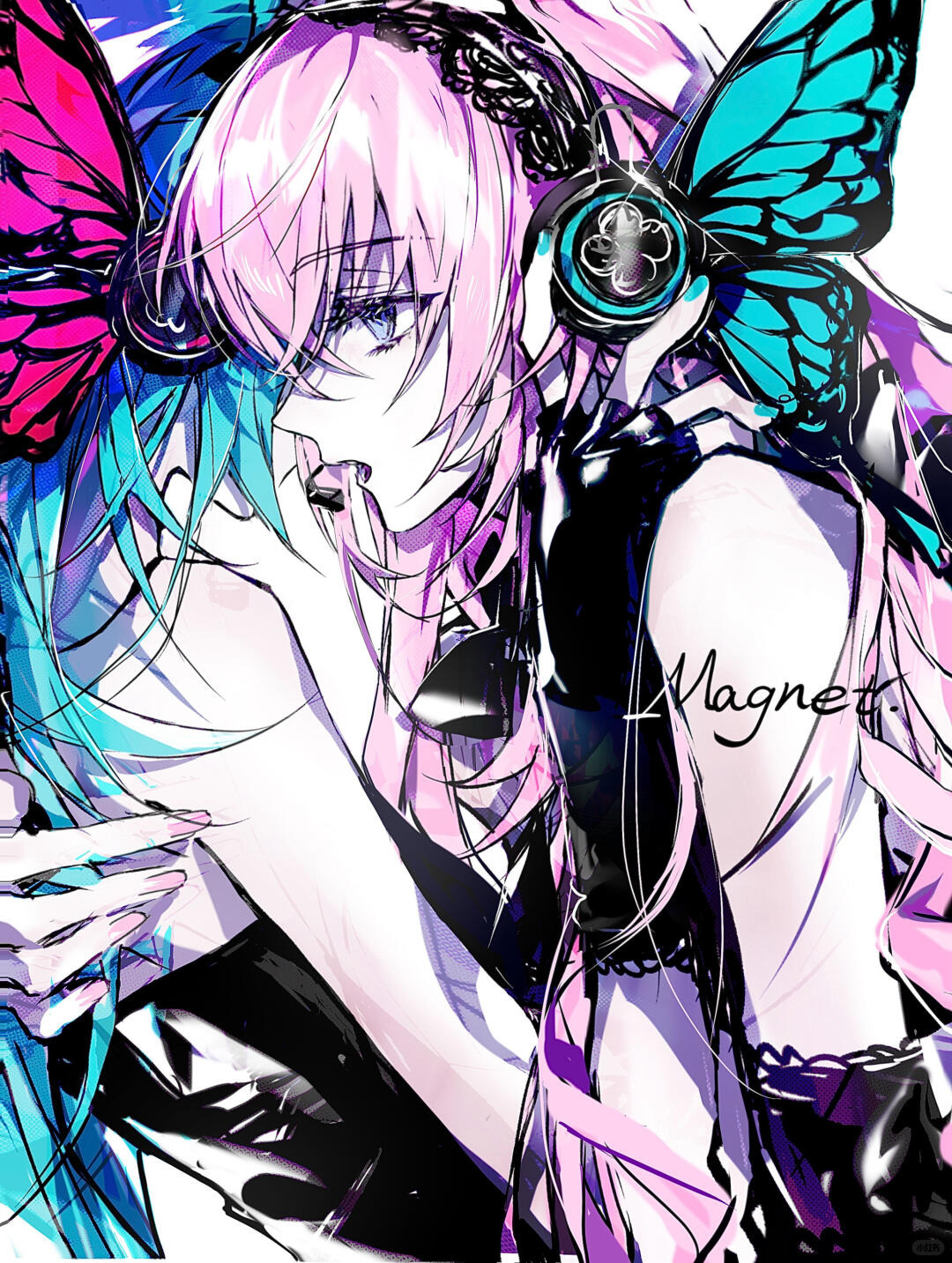 hanaseto, hatsune miku, megurine luka, magnet (vocaloid), vocaloid, highres, 2girls, aqua nails, black dress, black gloves, black lace trim, blue eyes, blue hair, bug, butterfly, dress, elbow gloves, expressionless, fingerless gloves, gloves, hair between eyes, hand on another's back, hand on another's neck, headphones, headset, hug, insect, lace trim, long hair, multiple girls, open mouth, pale skin, pink hair, pink nails, sidelocks, song name, strapless, strapless dress, white background