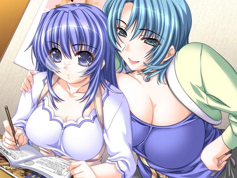 sumeragi kohaku, satou maya, satou nami, doki doki oyako lesson, game cg, 00s, 2girls, blue eyes, blue hair, blush, book, breast press, breasts, choker, cleavage, curvy, dutch angle, glasses, hand on own hip, hug, huge breasts, jewelry, large breasts, lipstick, long hair, makeup, mature female, mother and daughter, multiple girls, nail polish, ring, short hair, smile, studying