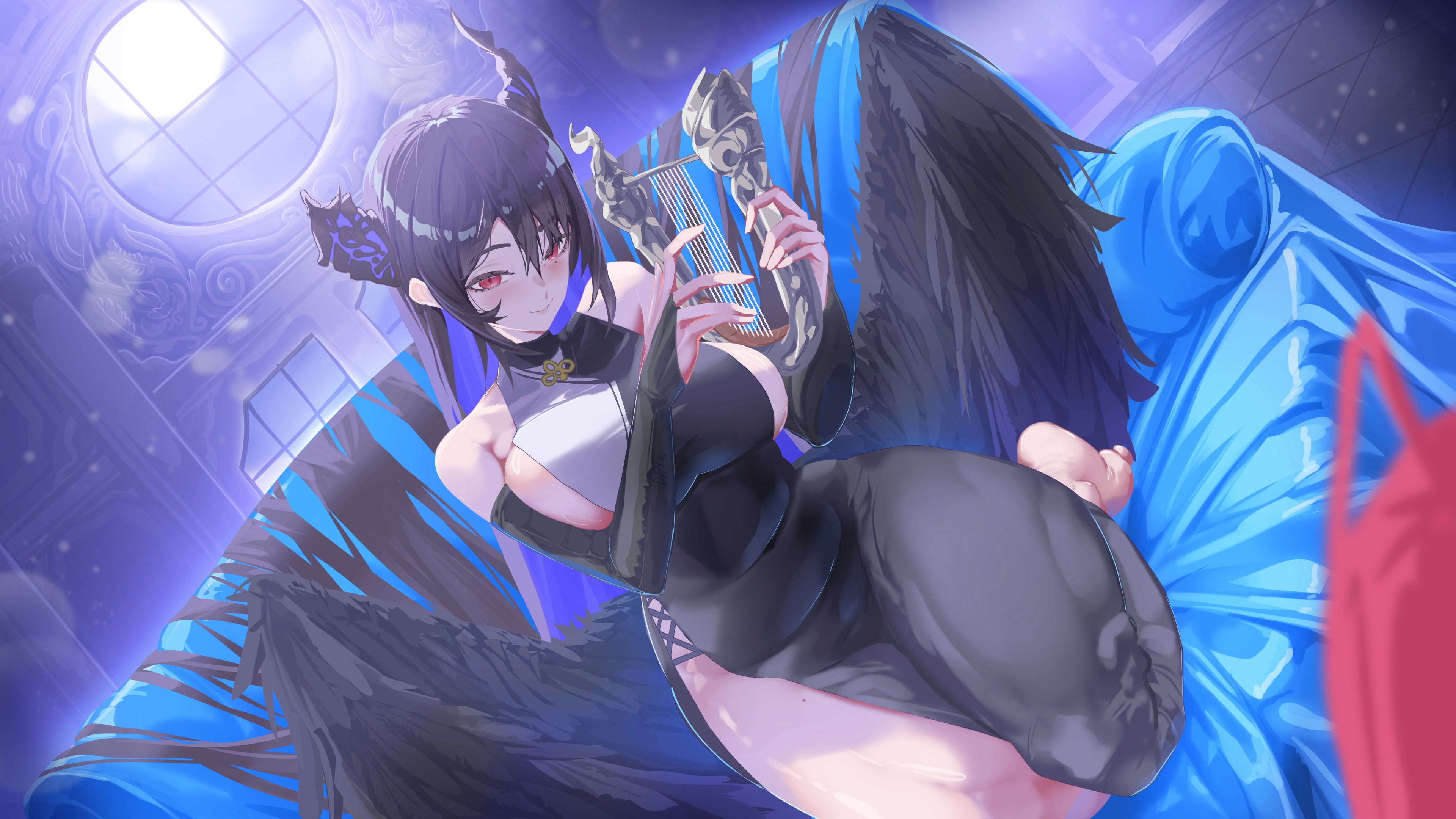 daaku (koizumi arata), elizabeth rose bloodflame, nerissa ravencroft, hololive, hololive english, absurdres, commentary, english commentary, highres, 1girl, alternate costume, asymmetrical horns, barefoot, birthday, black dress, black gloves, black hair, black wings, blue hair, breasts, bridal gauntlets, closed mouth, colored inner hair, couch, crystal horns, demon horns, dress, dutch angle, elbow gloves, feathered wings, gloves, hair between eyes, halterneck, holding, holding instrument, holding lyre, horns, indoors, instrument, kneeling, large breasts, long dress, long hair, lyre, mole, mole on thigh, mole under eye, moon, multicolored hair, on couch, out of frame, red eyes, red hair, side slit, sideboob, sidelocks, smile, solo focus, thick thighs, thighs, two-tone dress, two-tone hair, uneven horns, very long hair, virtual youtuber, white dress, window, wings