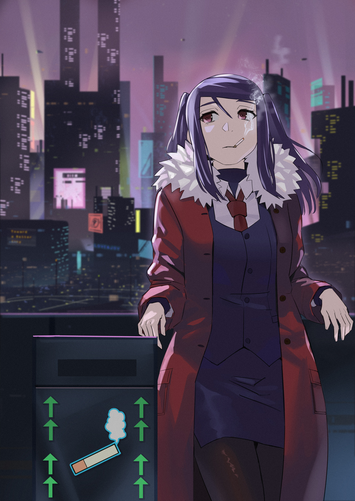 asakiri koko, jill stingray, va-11 hall-a, commentary request, highres, 1girl, cigarette, coat, fur-trimmed coat, fur trim, long hair, necktie, night, outdoors, pencil skirt, purple eyes, purple hair, purple skirt, purple vest, red necktie, skirt, smoking, solo, vest, winter clothes, winter coat