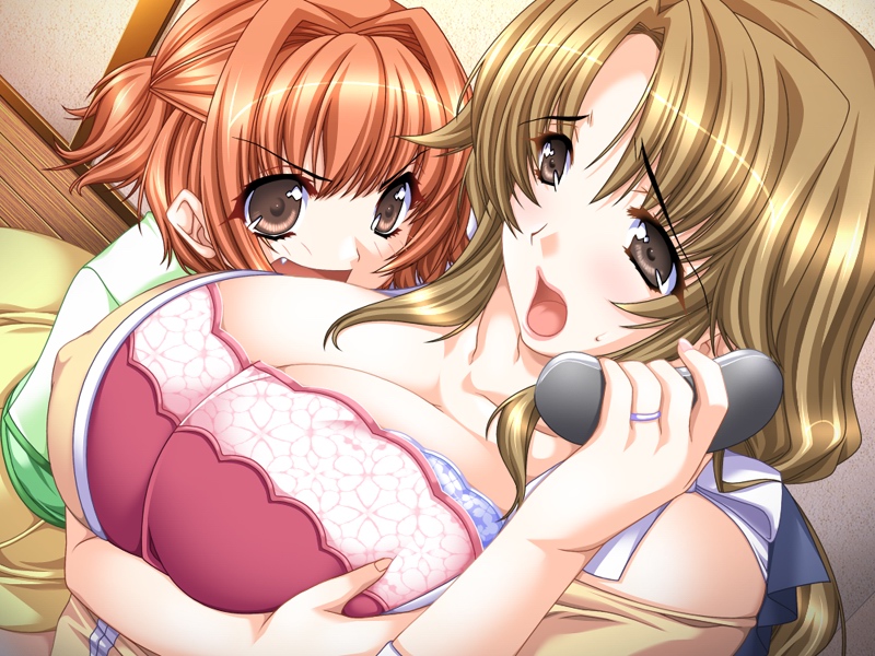 sumeragi kohaku, kumagai aki, kumagai arisa, doki doki oyako lesson, game cg, 00s, 2girls, blush, breasts, brown hair, cleavage, fang, grabbing another's breast, groping, hug, huge breasts, jewelry, long hair, mother and daughter, multiple girls, open mouth, orange hair, phone, pink eyes, ring, short hair
