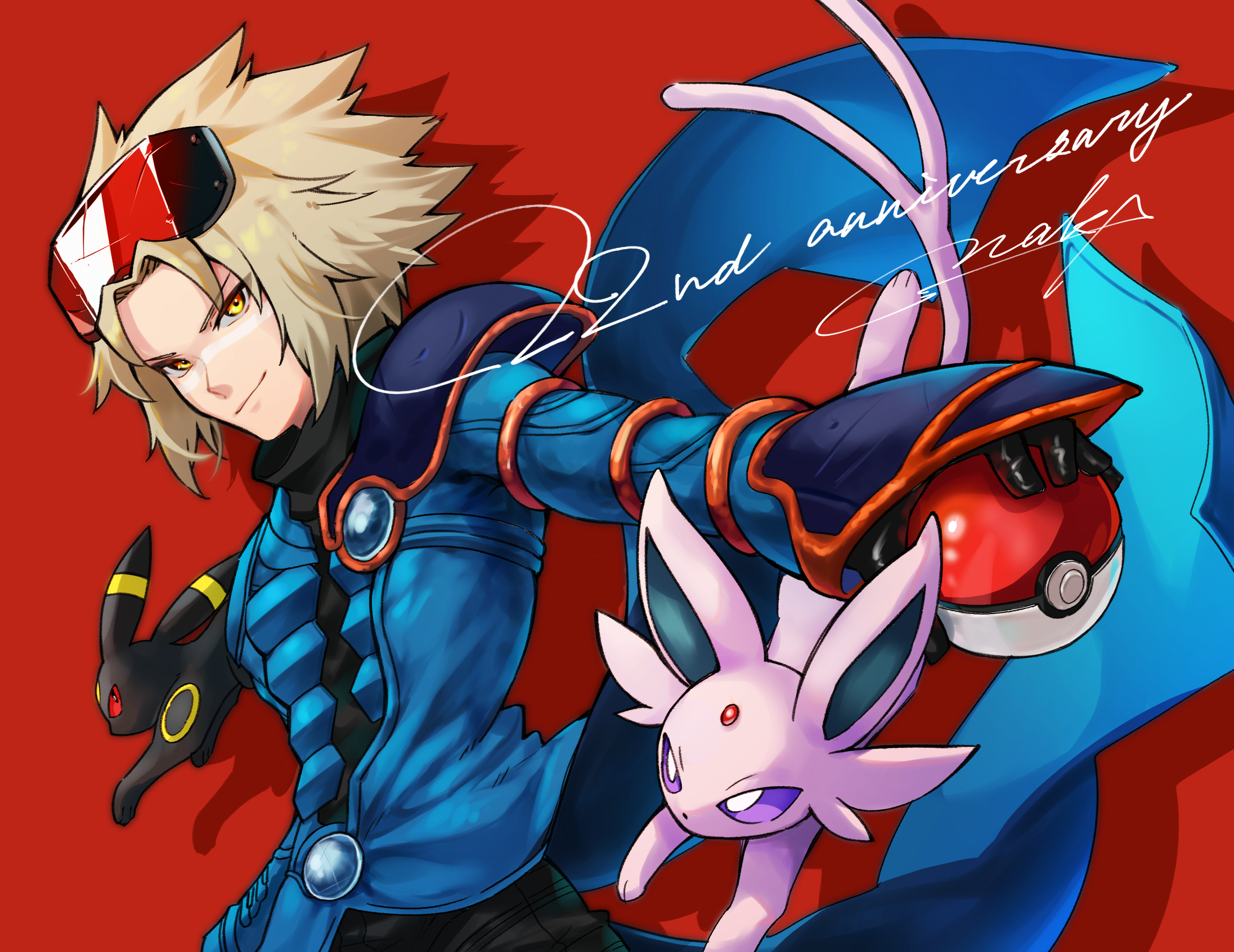 naka (easygoing naka), espeon, umbreon, wes (pokemon), nintendo, pokemon, pokemon colosseum, commentary request, highres, 1boy, anniversary, black gloves, blonde hair, blue coat, closed mouth, coat, gen 2 pokemon, gloves, holding, holding poke ball, looking down, male focus, poke ball, poke ball (basic), pokemon (creature), red background, short hair, signature, smile, yellow eyes