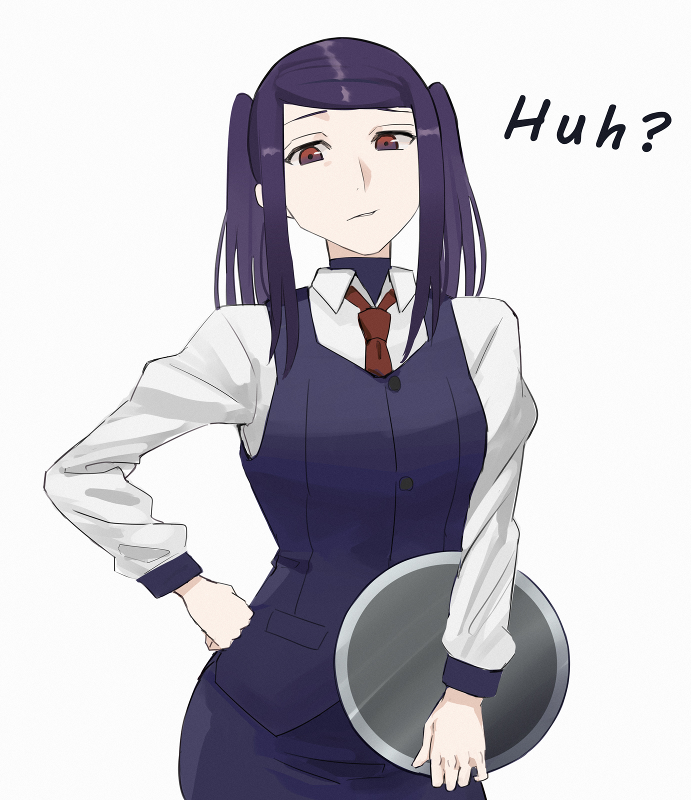 asakiri koko, jill stingray, va-11 hall-a, commentary request, highres, 1girl, english text, hand on own hip, holding, holding tray, long hair, looking at viewer, necktie, pencil skirt, purple eyes, purple hair, purple skirt, purple vest, red necktie, simple background, skirt, solo, tray, twintails, vest, white background