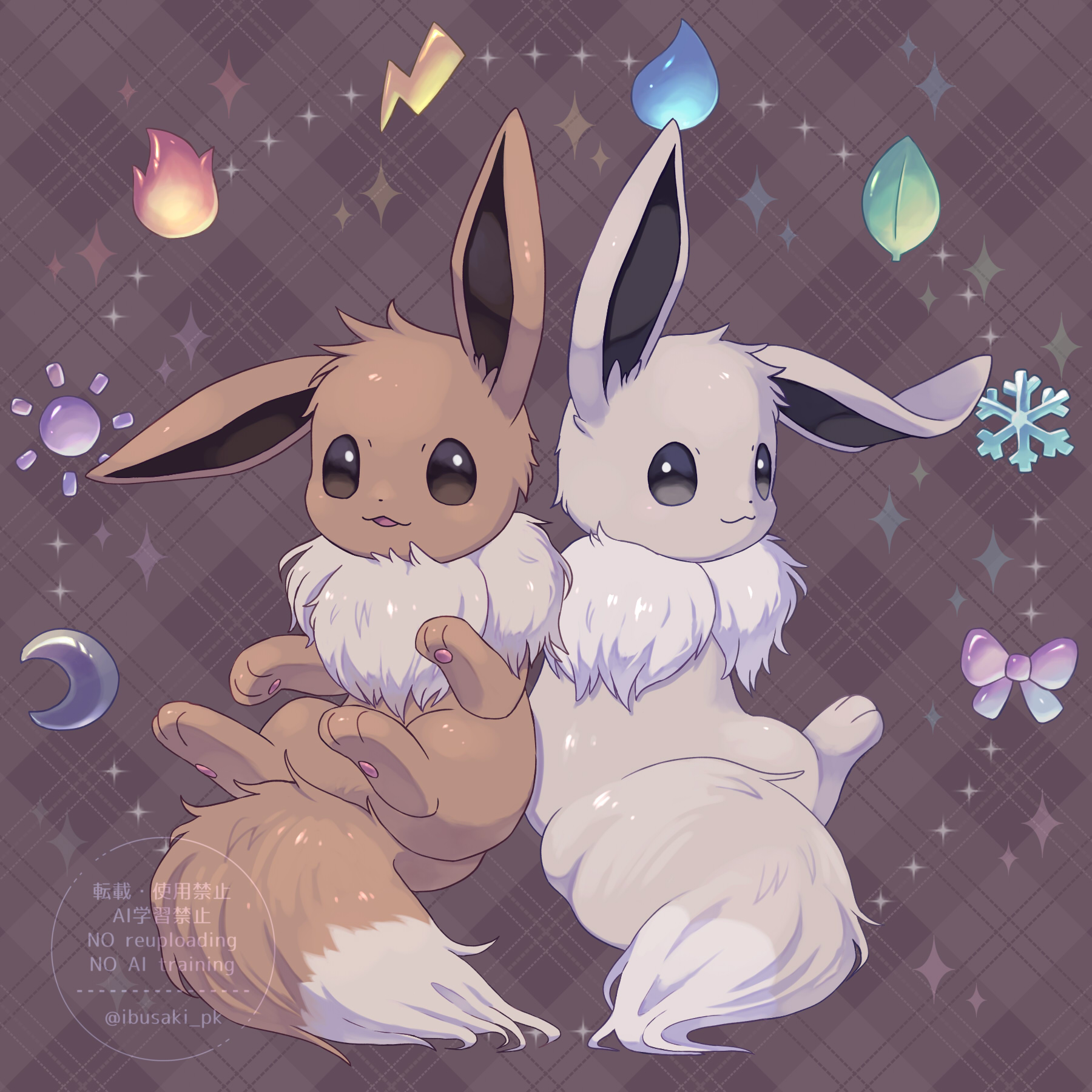 ibusaki (ivu), eevee, nintendo, pokemon, commentary request, highres, :3, alternate color, brown background, brown eyes, closed mouth, gen 1 pokemon, no humans, open mouth, pokemon (creature), pokemon focus, shiny pokemon, smile, watermark