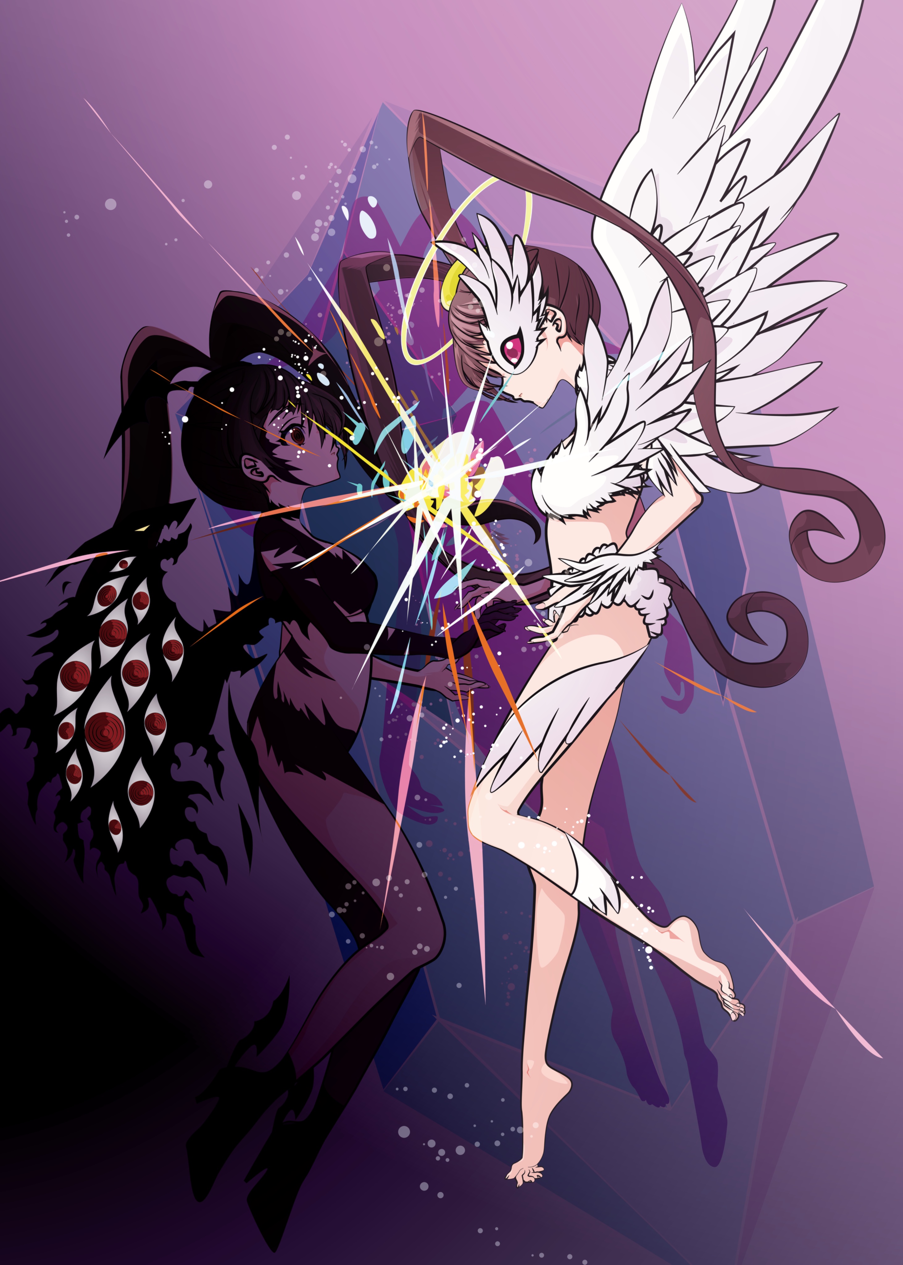 tai (cheungsk1213), amano nene (digimon xros wars), luminamon (nene ver.), shademon (nene ver.), digimon, digimon xros wars, absurdres, commentary request, highres, 2girls, angel wings, asymmetrical eyes, barefoot, bikini, breasts, brown hair, cleavage, corruption, dark persona, digimon (creature), dual persona, extra eyes, feathered wings, feathers, floating, full body, fur bikini, hair between eyes, halo, high ponytail, light persona, living clothes, long hair, medium breasts, multiple girls, parted lips, ponytail, purple eyes, red eyes, revealing clothes, ringed eyes, sidelocks, single wing, split ponytail, strapless, swimsuit, tube top, very long hair, white bikini, white feathers, white tube top, wings