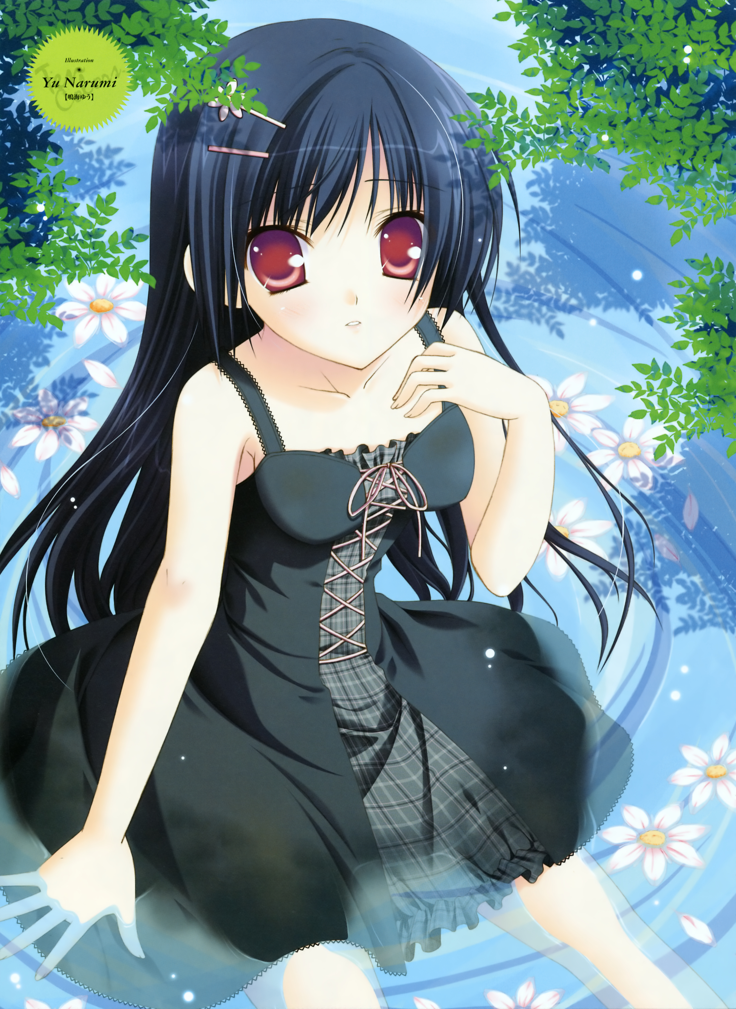 narumi yuu (bunbukudou), absurdres, highres, blue hair, dress, hair ornament, hairclip, long hair, red eyes, sitting, solo, water