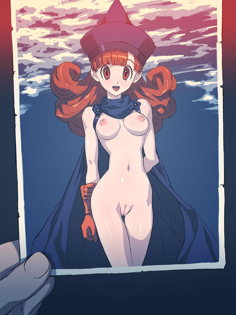 bitchen, alena (dq4), chunsoft, dragon quest, dragon quest iv, enix, arm grab, 1girl, :d, arms behind back, blunt bangs, breasts, cape, censored, cleft of venus, cloud, gloves, hat, hip focus, long hair, looking at viewer, mosaic censoring, naked cape, navel, nipples, nude, open mouth, outdoors, parted bangs, photo (object), pov, puffy nipples, pussy, red eyes, red hair, shiny skin, sky, smile, thigh gap, thighs, wavy hair, wide hips, zenra