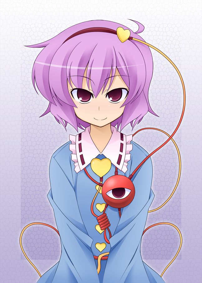 souto, komeiji satori, touhou, bad id, bad pixiv id, 1girl, female focus, hairband, heart, purple eyes, purple hair, short hair, solo