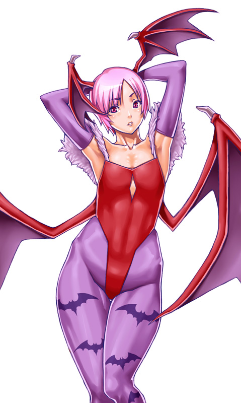 yukinishi, lilith (darkstalkers), capcom, darkstalkers, bad id, bad pixiv id, 1girl, animal print, armpits, arms up, bat print, bat wings, demon girl, elbow gloves, female focus, flat chest, gloves, head wings, leotard, pantyhose, pink hair, print pantyhose, purple hair, red eyes, red leotard, short hair, solo, wings