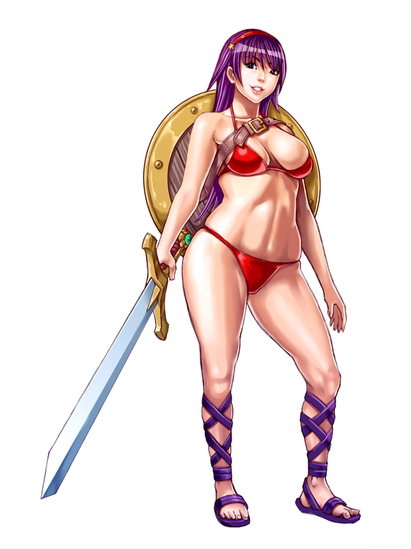 yukinishi, asamiya athena, princess athena, athena (series), snk, the king of fighters, bad id, bad pixiv id, 1girl, belt, bikini, breasts, cleavage, curvy, female focus, full body, hairband, hip focus, large breasts, long hair, looking at viewer, purple hair, red bikini, shield, simple background, solo, swimsuit, sword, weapon, white background, wide hips