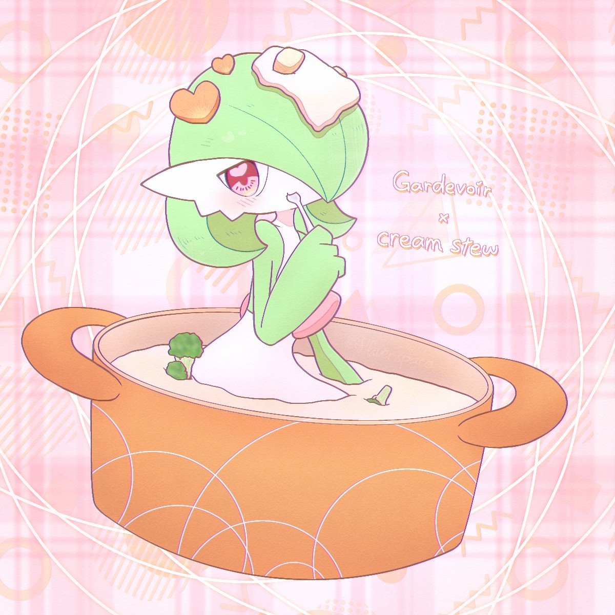 yuri (fl0werspace), gardevoir, nintendo, pokemon, 1girl, :t, blush, bob cut, broccoli, carrot slice, character name, closed mouth, colored skin, cooking pot, eating, english text, female focus, food, food focus, food on head, gen 3 pokemon, green hair, green skin, hair over one eye, hand up, heart, heart-shaped food, heart in eye, holding, holding spoon, in container, in food, looking at viewer, multicolored skin, object on head, one eye covered, partially submerged, pink background, pokemon (creature), red eyes, short hair, solo, spoon, stew, symbol in eye, two-tone skin, white skin