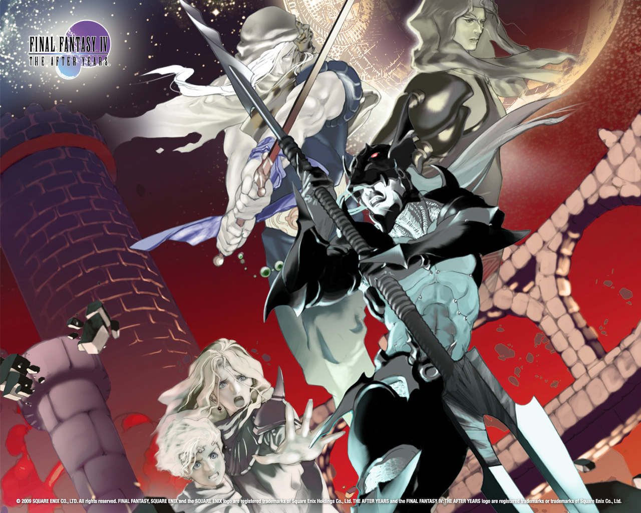 oguro akira, cain highwind, cecil harvey, ceodore harvey, dragoon (final fantasy), rosa farrell, final fantasy, final fantasy iv, final fantasy iv: the after years, official art, official wallpaper, spoilers, 1990s (style), 1girl, 4boys, armor, bandana, blonde hair, blue eyes, dragoon, dual persona, earrings, hair over one eye, hat, headband, jewelry, long hair, multiple boys, polearm, retro artstyle, scarf, spear, sword, weapon, white hair