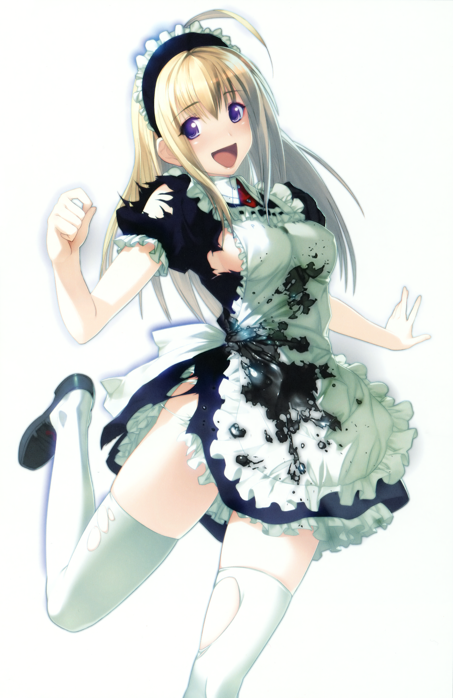 oosaki shin'ya, anna (gekkou no carnevale), gekkou no carnevale, absurdres, highres, 1girl, ahoge, blonde hair, breasts, dissolving clothes, female focus, hairband, large breasts, long hair, looking at viewer, maid, open mouth, purple eyes, sideboob, smile, solo, thighhighs, torn clothes, torn thighhighs, zettai ryouiki