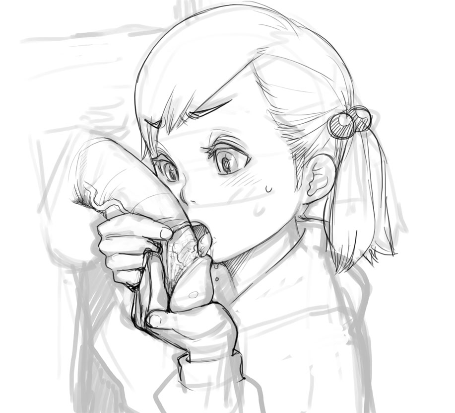 mama (mama hiro), original, bad id, bad pixiv id, 1girl, fellatio, greyscale, hair bobbles, hair ornament, loli, monochrome, oral, penis, sketch, smegma, solo focus, tongue, uncensored