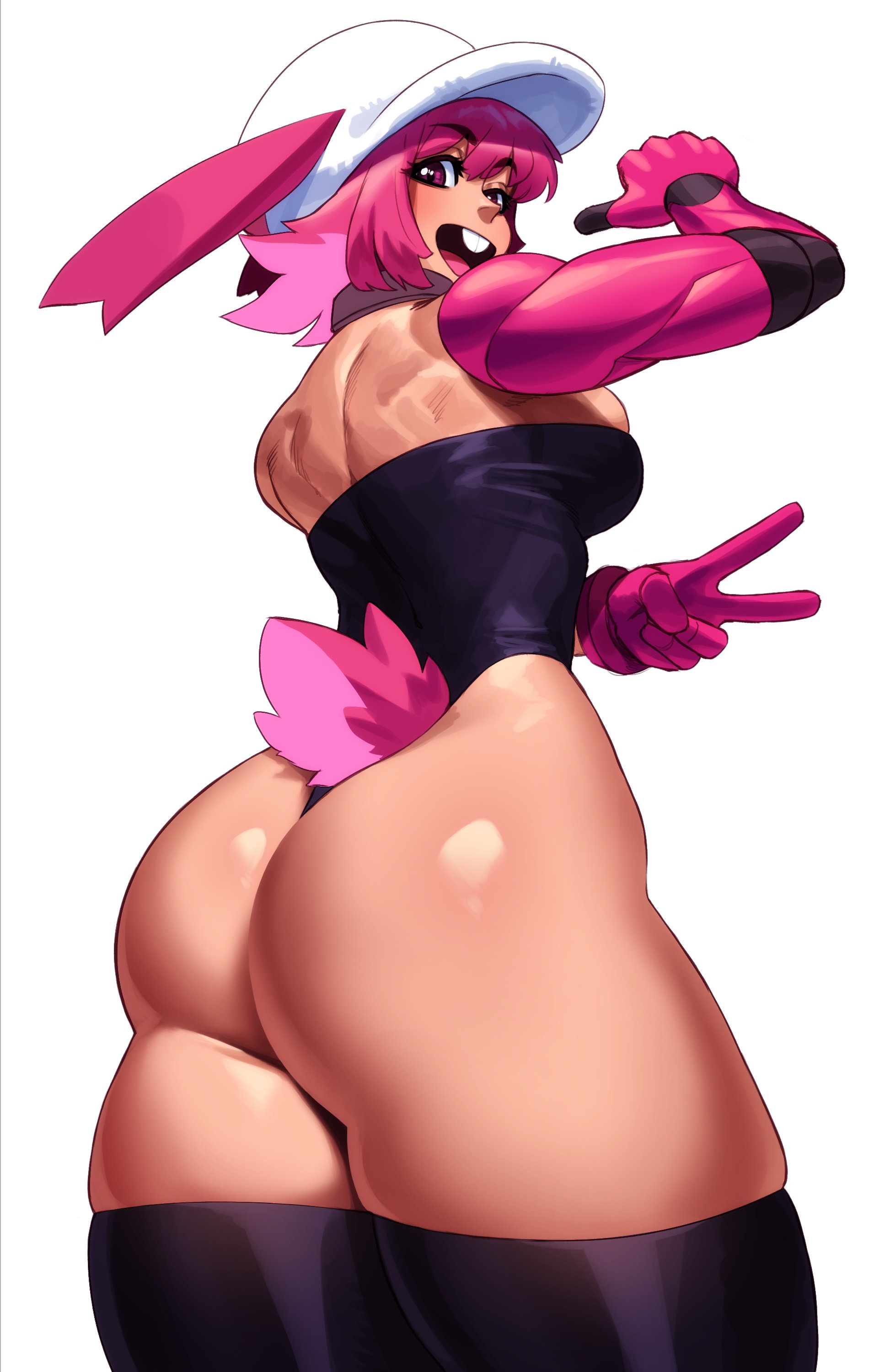 sotcho, cherry (zephyr gales), 1girl, animal ears, ass, ass focus, back, backboob, bare shoulders, breasts, detached sleeves, gloves, hat, huge ass, looking at viewer, looking back, mechanical arms, medium breasts, muscular, muscular female, open mouth, pink eyes, pink hair, pointing, pointing at self, rabbit ears, rabbit tail, single mechanical arm, smile, tail, teeth, thighhighs, upper body, v, white background