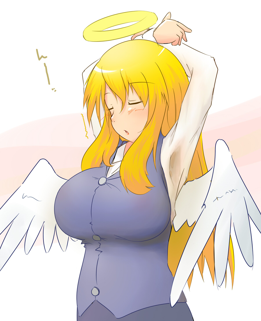 irony-san, 1girl, angel, angel wings, arms behind head, arms up, blonde hair, breasts, cleavage, closed eyes, female focus, halo, huge breasts, long hair, solo, traditional halo, wings