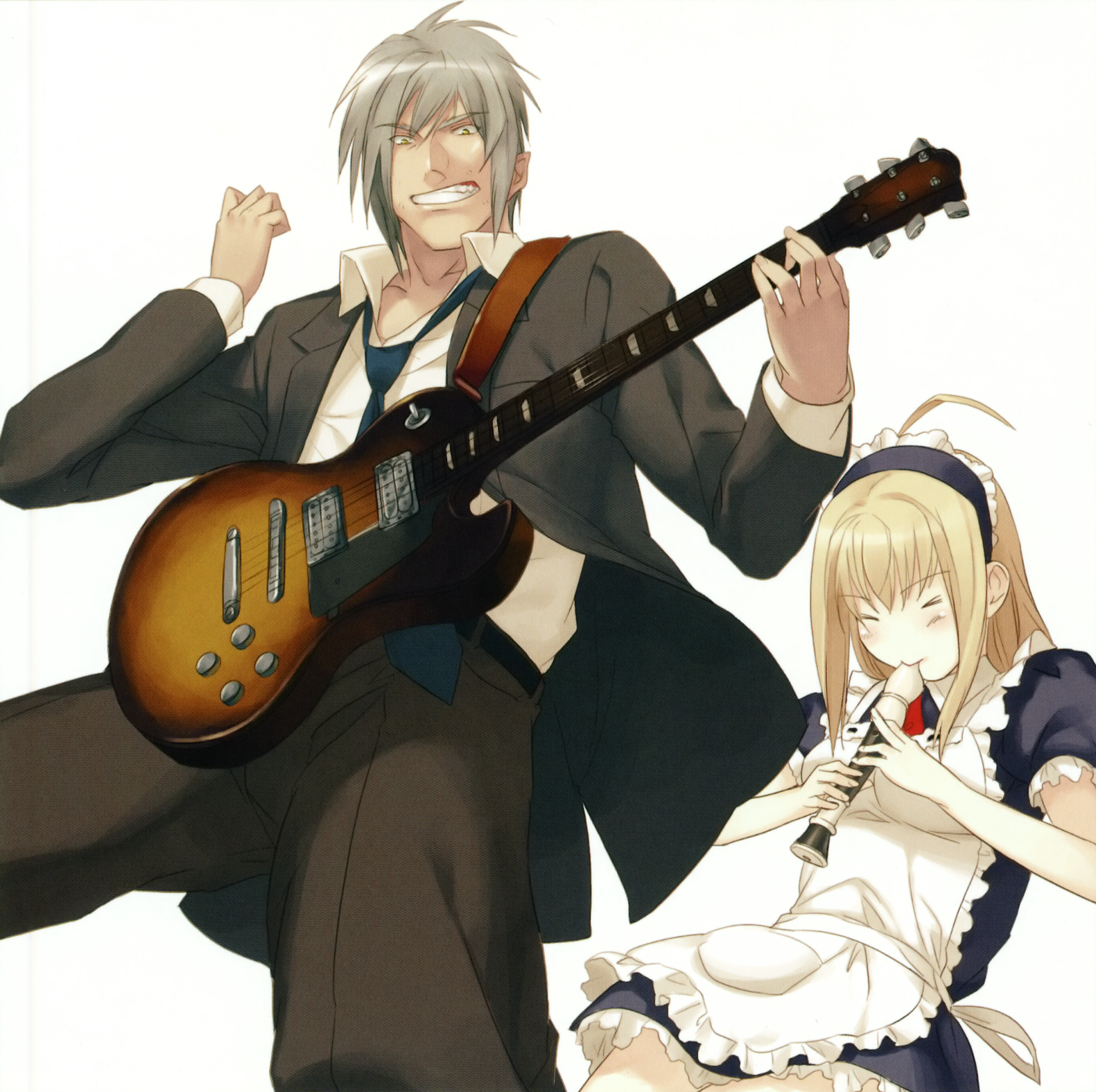 oosaki shin'ya, anna (gekkou no carnevale), romeo (gekkou no carnevale), gekkou no carnevale, highres, > <, 1boy, 1girl, ahoge, angry, blonde hair, blush, clenched teeth, closed eyes, flute, formal clothes, grey hair, guitar, holding flute, holding instrument, instrument, long hair, maid, maid headdress, necktie, recorder, short hair, simple background, suit, teeth, yellow eyes