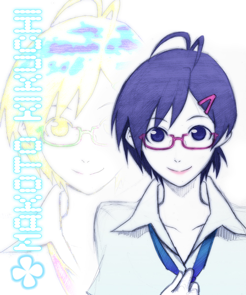 tkhs, kikuchi makoto, idolmaster, idolmaster (classic), bad id, bad pixiv id, 00s, 1girl, ahoge, antenna hair, bespectacled, blue eyes, blue hair, female focus, glasses, hair ornament, hairclip, matching hair/eyes, short hair, sketch, smile, solo, zoom layer
