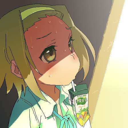 minawa, tainaka ritsu, k-on!, lowres, 00s, 1girl, brown eyes, brown hair, female focus, forehead, hairband, headband, hot, juice box, mouth hold, oekaki, school uniform, sexually suggestive, short hair, solo, sweat, tomboy