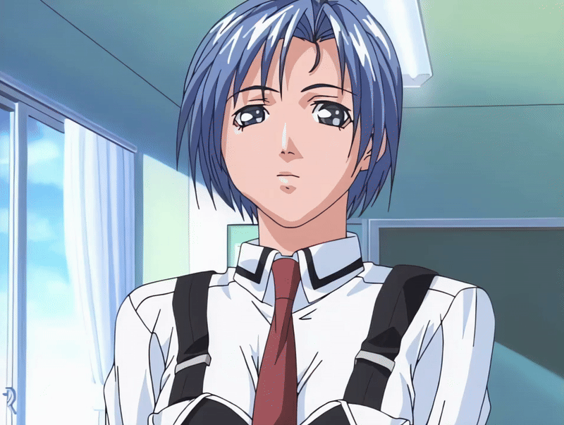 murai ayumi, bible black, bible black night of the walpulgiss, animated, animated gif, tagme, 00s, 2001, blue eyes, blue hair, bow, bowtie, classroom, necktie, red bow, red bowtie, school, short hair, skirt, suspenders