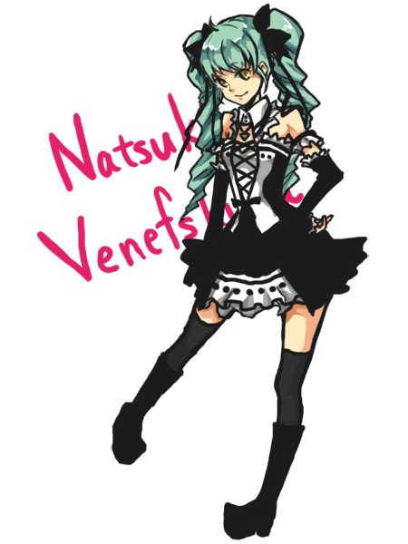 maru-kichi, venefsukja natsuki, lux-pain, bad id, bad pixiv id, 1girl, aqua hair, dress, drill hair, female focus, gothic lolita, lolita fashion, smile, solo, thighhighs, twintails, yellow eyes