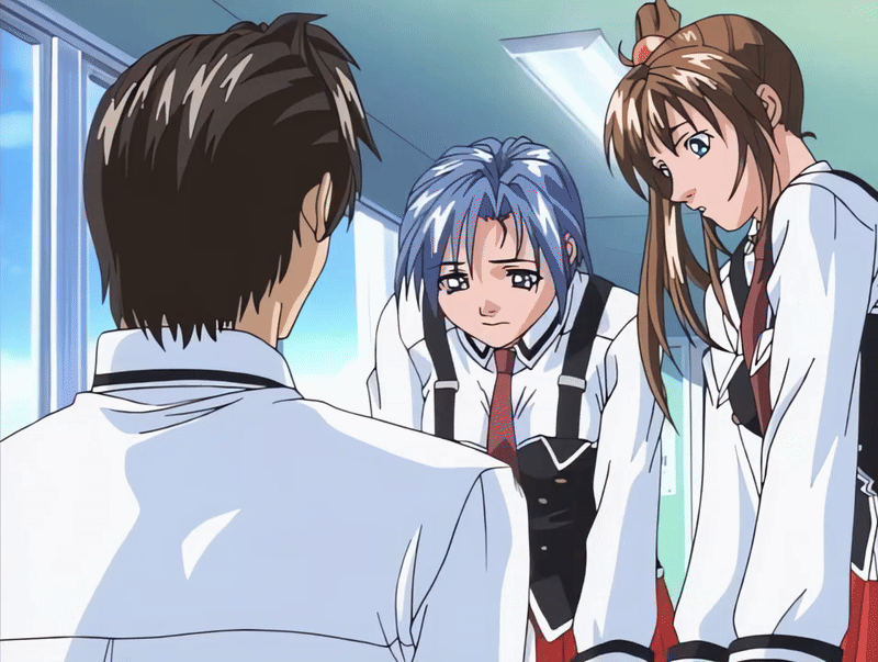 imari kurumi, minase taki, murai ayumi, bible black, bible black night of the walpulgiss, animated, animated gif, tagme, 00s, 1boy, 2001, 2girls, ass, blue eyes, blue hair, bow, bowtie, brown hair, classroom, green eyes, hair ornament, long hair, multiple girls, necktie, red bow, red bowtie, red skirt, school uniform, shirt, short hair, side ponytail, skirt